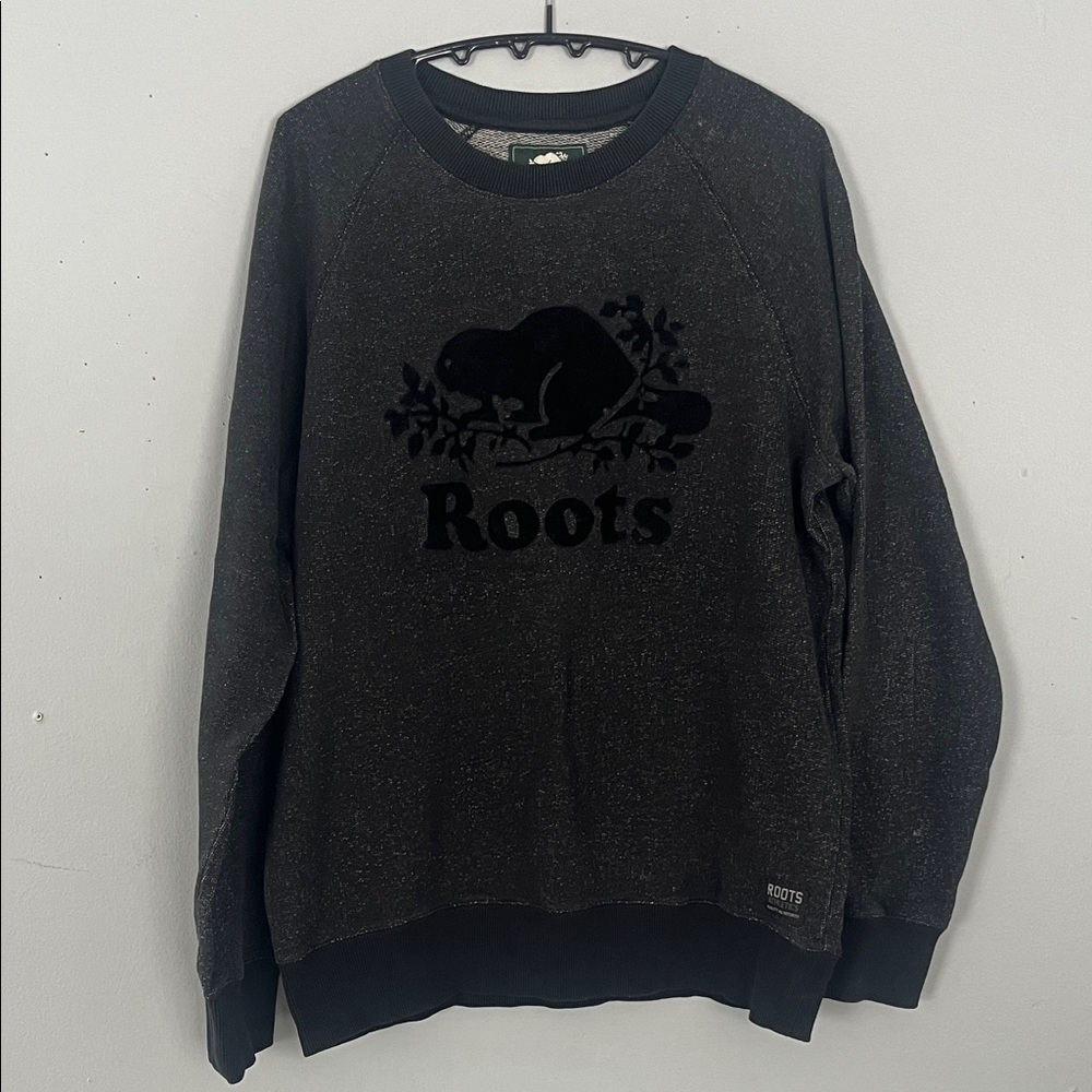 Roots Women's Black Heather Crew Sweatshirt with Tonal Logo Medium